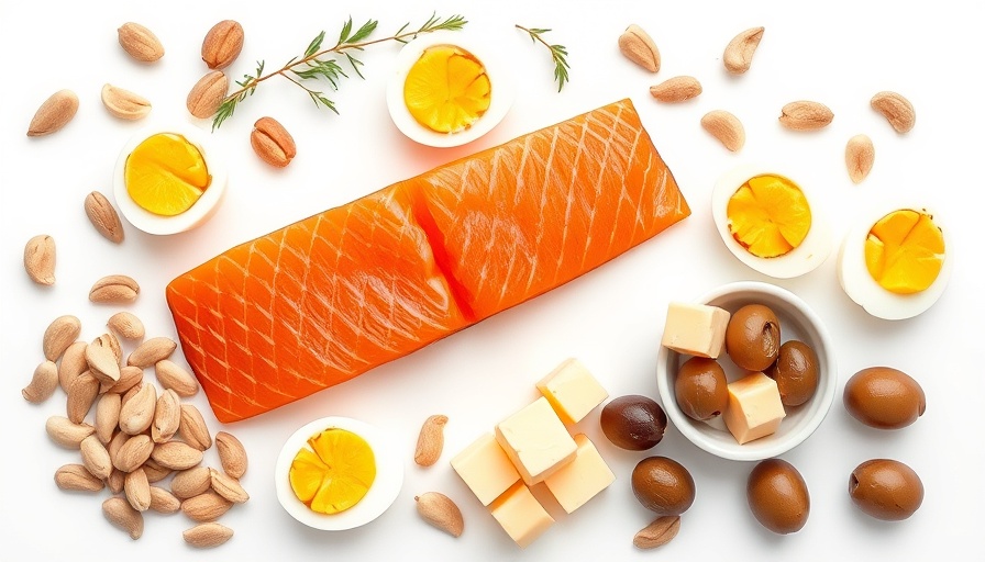 Keto-friendly foods like salmon, eggs, nuts, white background.