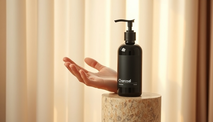 Facial cleanser on stone pedestal with hand, suitable for all skin types.