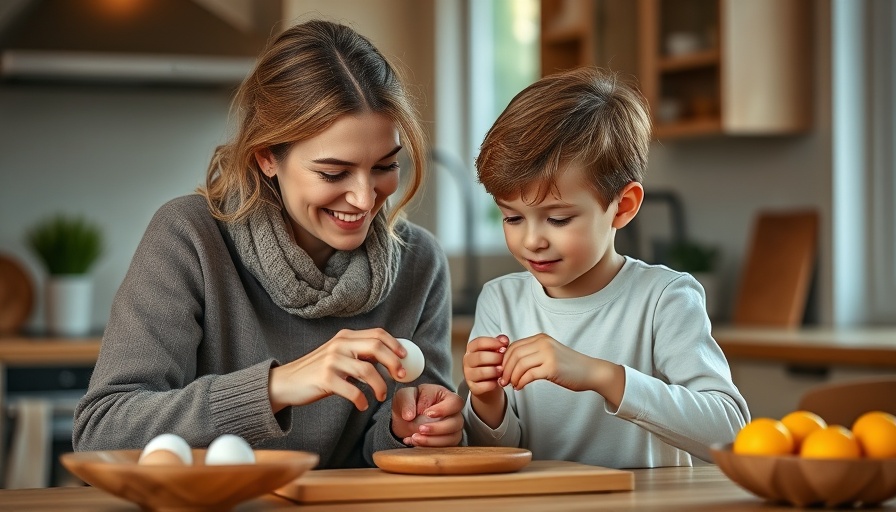 Mother and child cracking eggs together, mothering as a form of resistance.