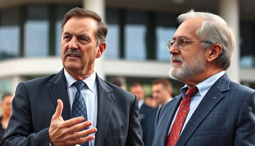 Prominent figures conversing at event, contrasting expressions