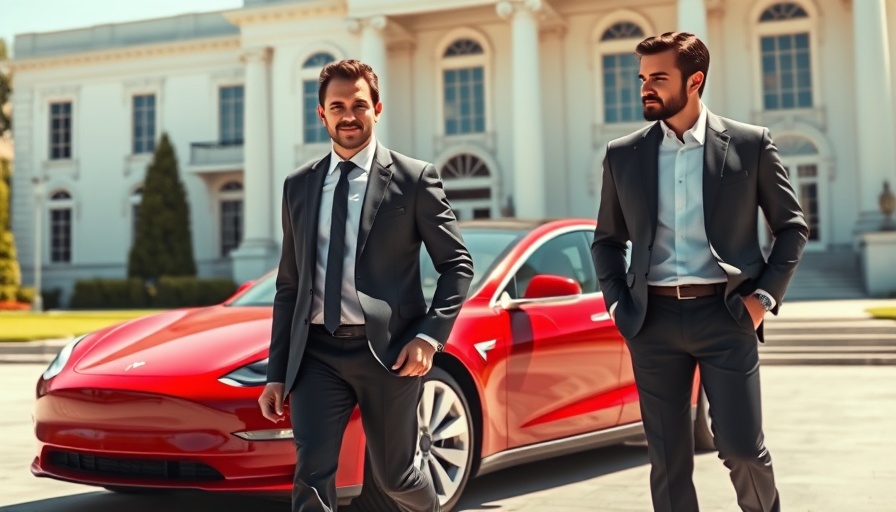 Feud setting with a red Tesla in front of a formal white building. Impact on Tesla Market Cap.