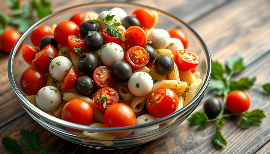 Fresh pesto pasta salad in glass bowl with tomatoes and herbs.