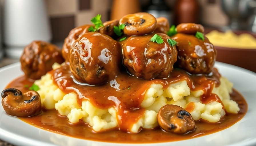 Salisbury steak meatballs with gravy on mashed potatoes.
