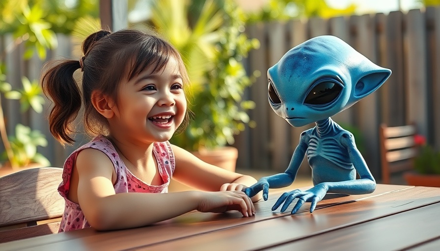 Girl and blue alien enjoying sunny day, movies out now.