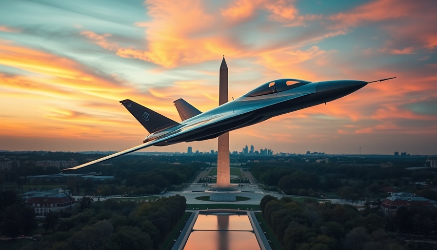 Supersonic jet soaring over Washington Monument at sunset.