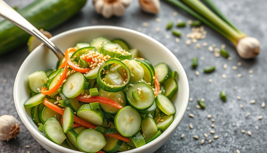Asian cucumber salad with sesame seeds and green onions in a white bowl.