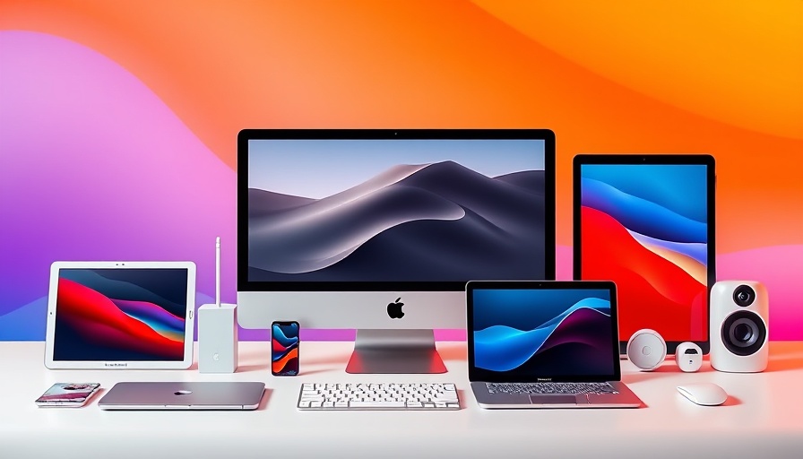 Array of Apple devices with gradient background.