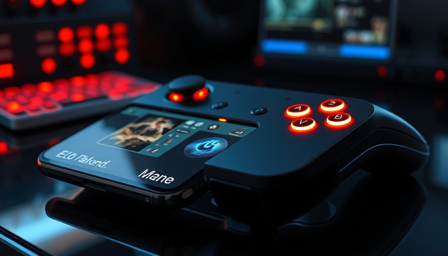 ELO Vagabond game controller for iPhone with glowing buttons on tech surface