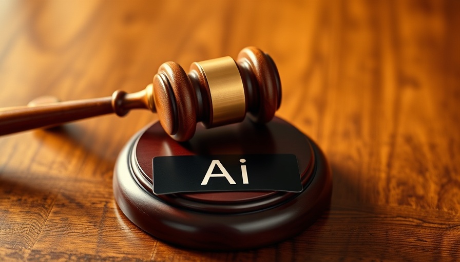 Gavel over 'AI' symbol on wooden floor, legal theme.