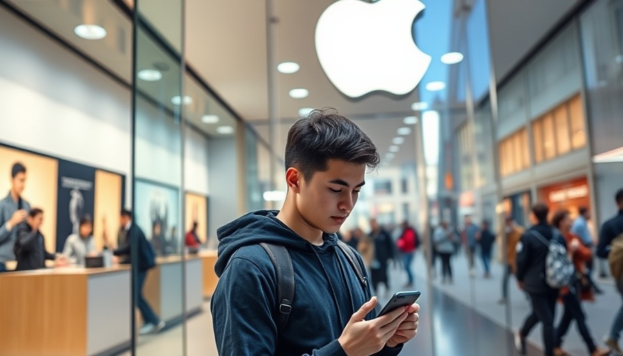 Apple Store with glass facade and person using smartphone, reflecting iOS 19 changes
