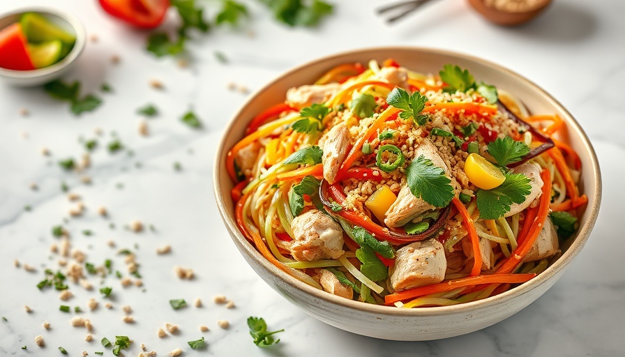Colorful Chinese chicken salad with vibrant veggies on a marble background.