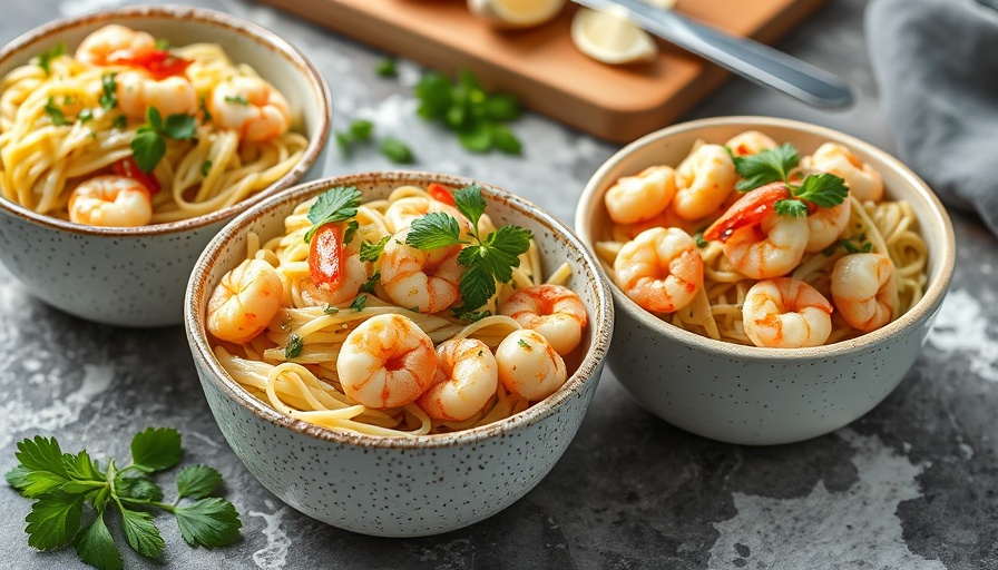Shrimp pasta salad in ceramic bowls garnished with herbs.