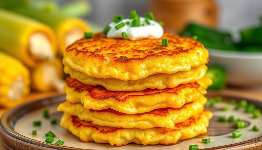 Golden sweet corn fritters topped with sour cream and chives.