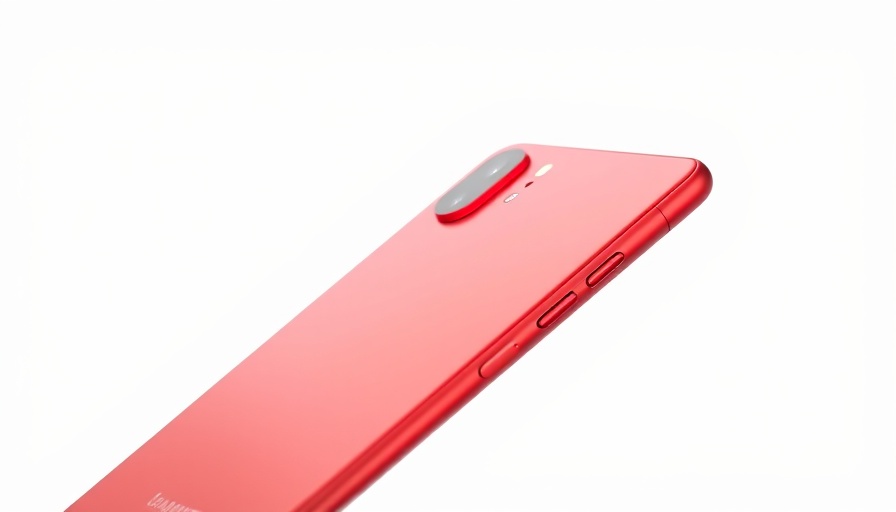 Red Apple iPhone mini with dual cameras against a neutral background.