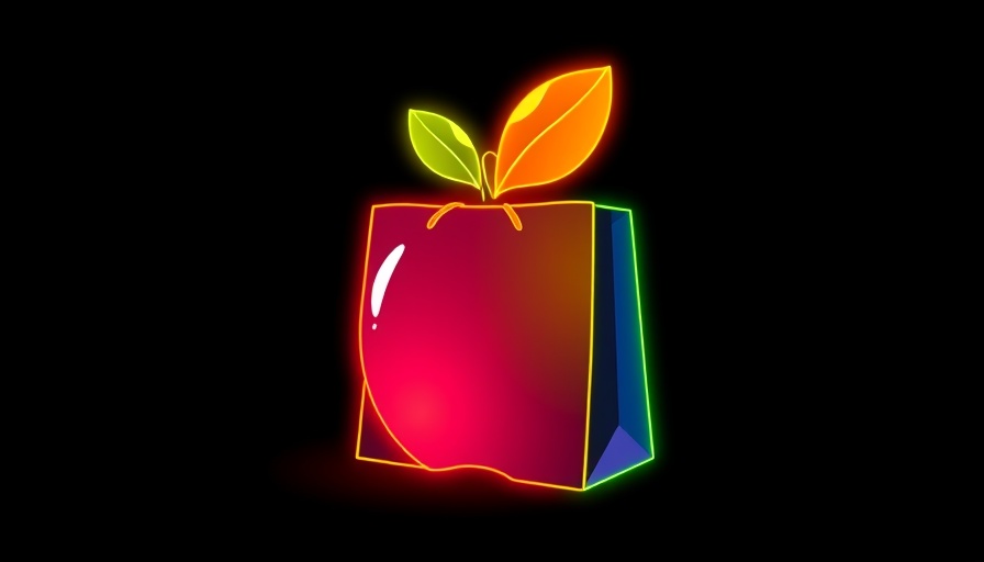 Colorful Apple gift bag illustration, glowing lines on black.