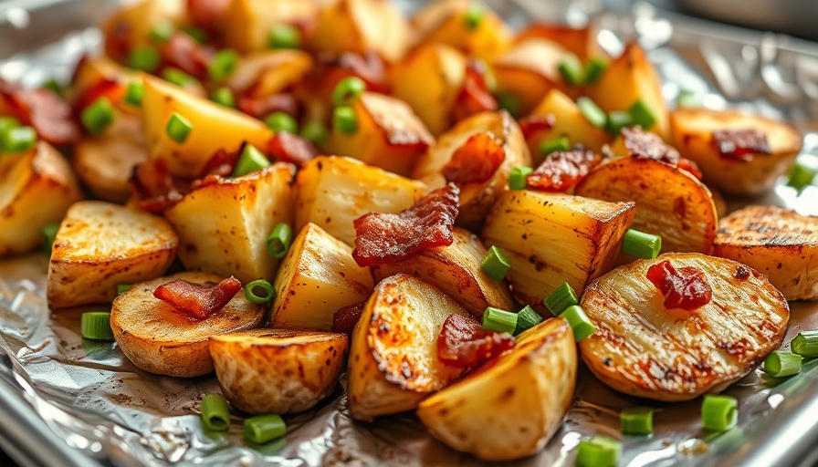 Perfectly grilled potatoes with bacon and scallions on foil.