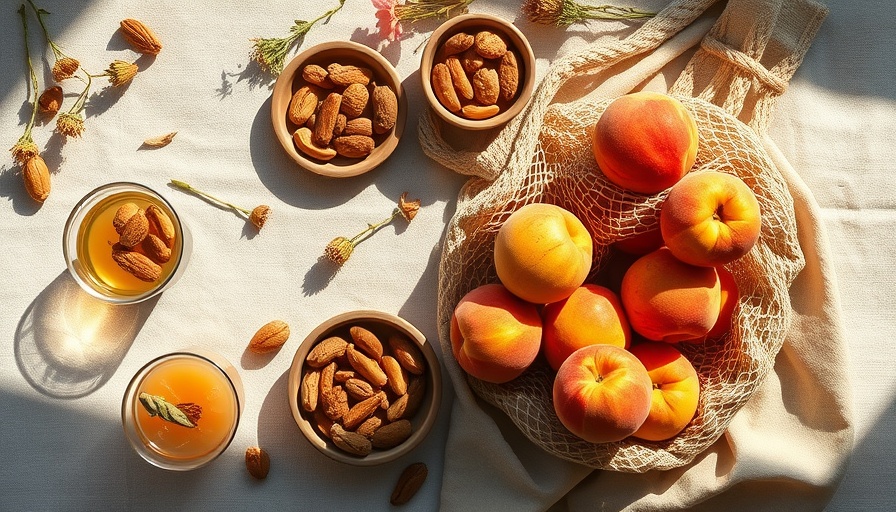 Seasonal summer produce with peaches and drinks on linen