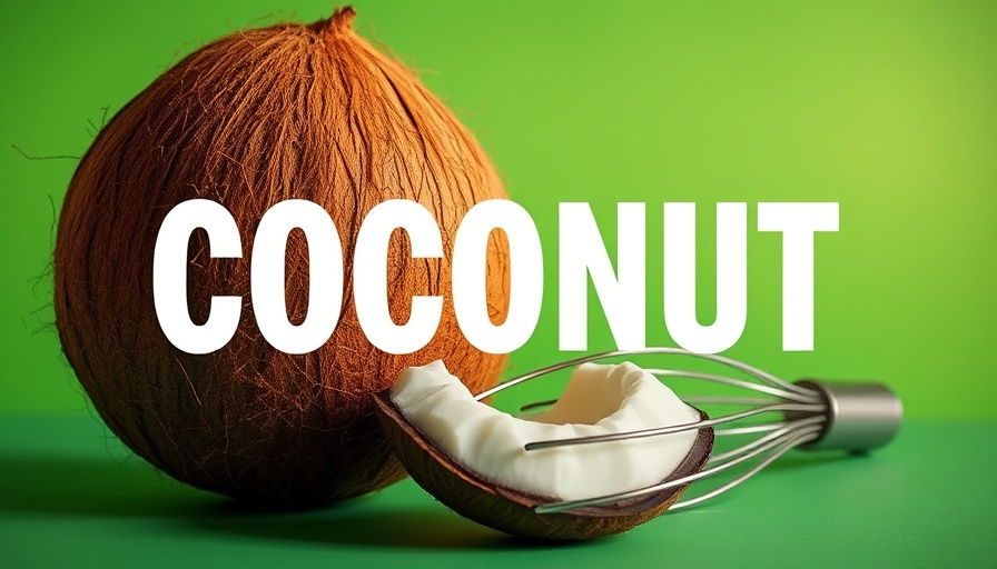 Green gradient background with coconut and whisk for coconut yoghurt.