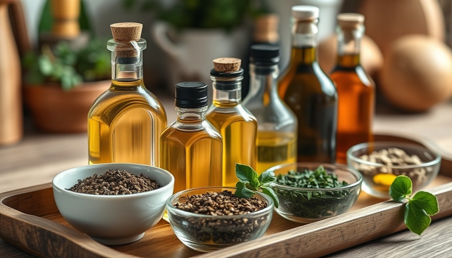 Natural oils with herbs on wooden tray for body oil making.