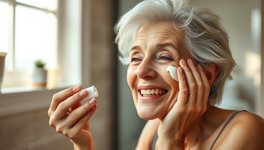 Older woman applying pro age skincare cream, smiling in bathroom.