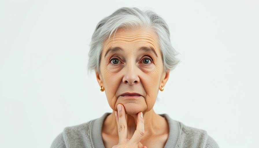 Elderly woman with intense look pondering, against white.