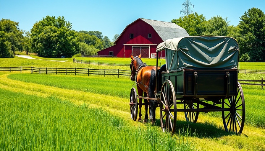 Amish Country Lancaster PA with horse-drawn buggy and barn.