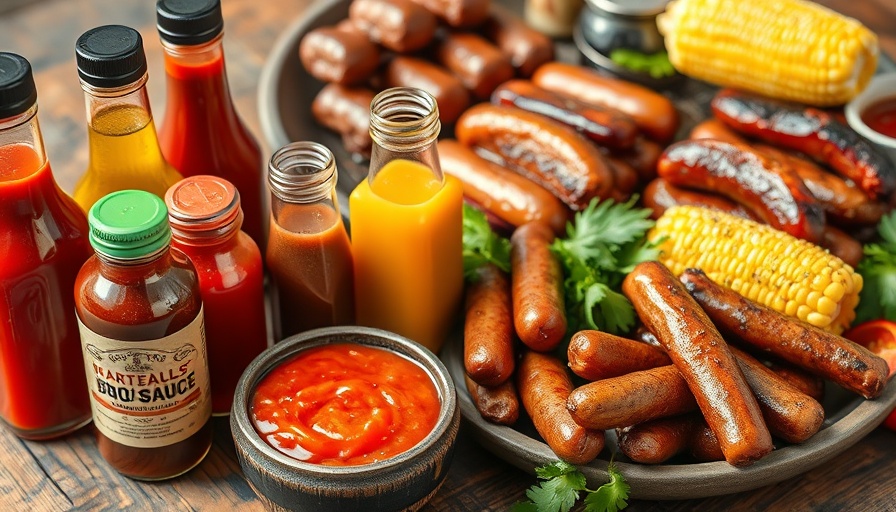 Assorted BBQ sauces with meats and corn on a wooden table.