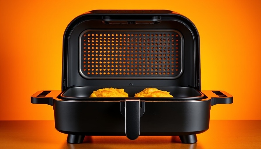 Blackstone Griddle Air Fryer Combo with open lid against colorful backdrop.