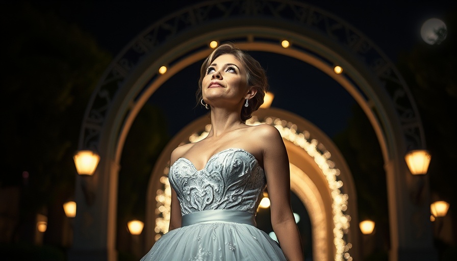 Elegant woman in period dress under glowing arch, Ever After Live-Action Fairy Tale.