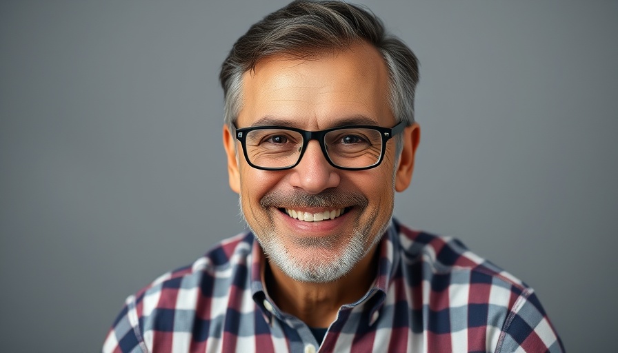 Middle-aged man smiling in glasses and checkered shirt, close-up portrait.