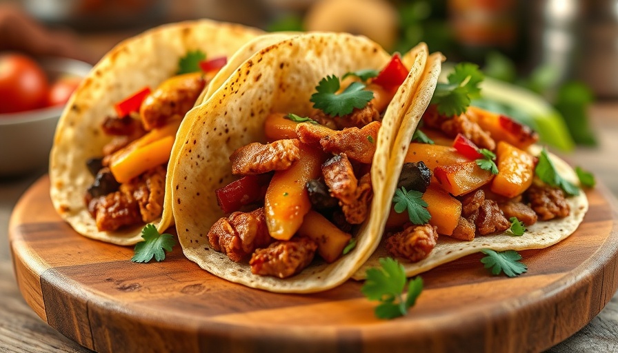 Appetizing protein-packed breakfast tacos on wooden board.