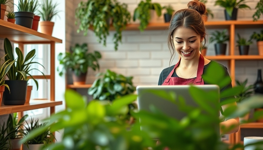 Young woman in plant shop using laptop during Independent Retailer Month.