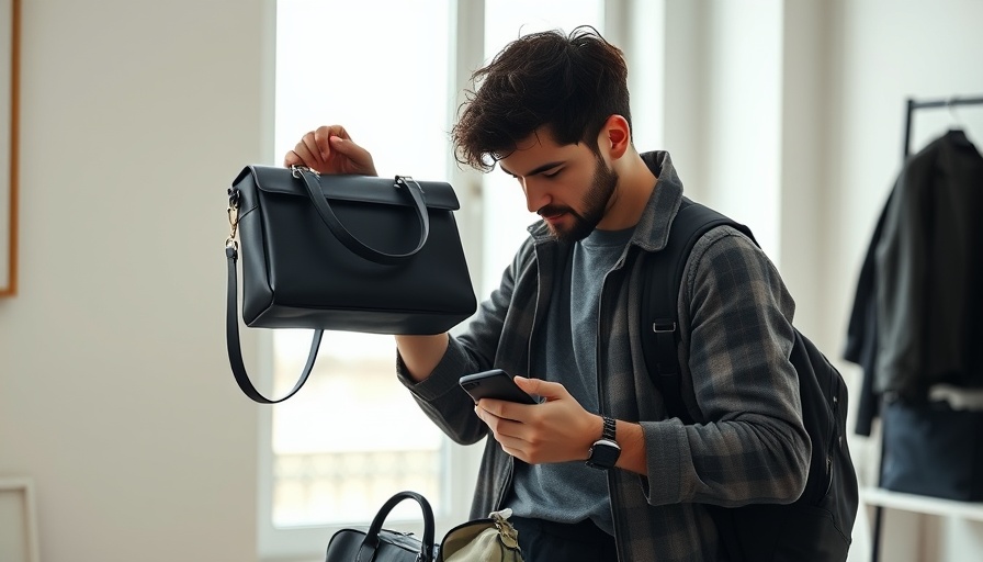 Young man organizing stylish handbags to maximize holiday sales.