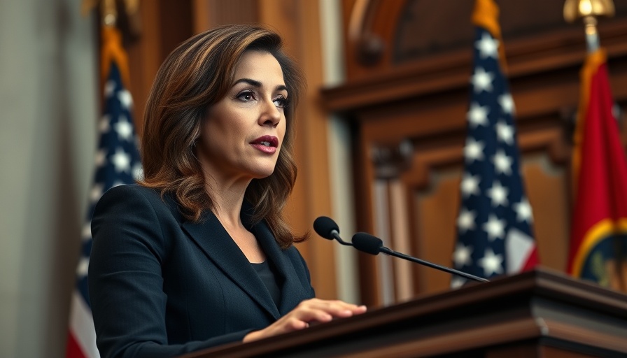 Professional woman discusses RAISE Act AI Safety at podium.