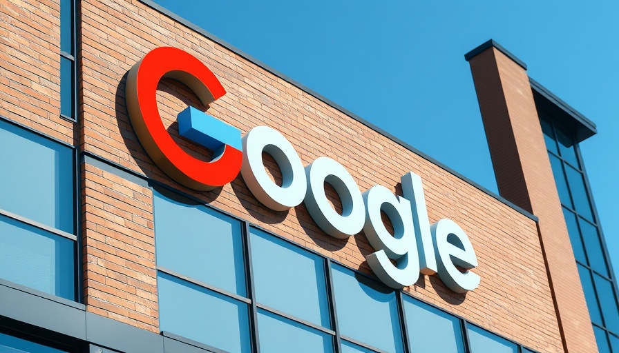 Tilted Google logo on an office building with blue sky.
