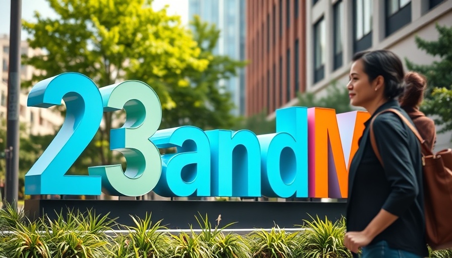 Large 23andMe sign with woman walking in urban setting.
