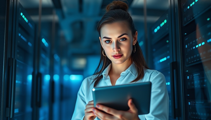 Professional woman working in server room to protect against hackers.