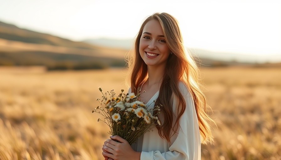 Serene woman in sunlit field holding flowers, depicting peace.