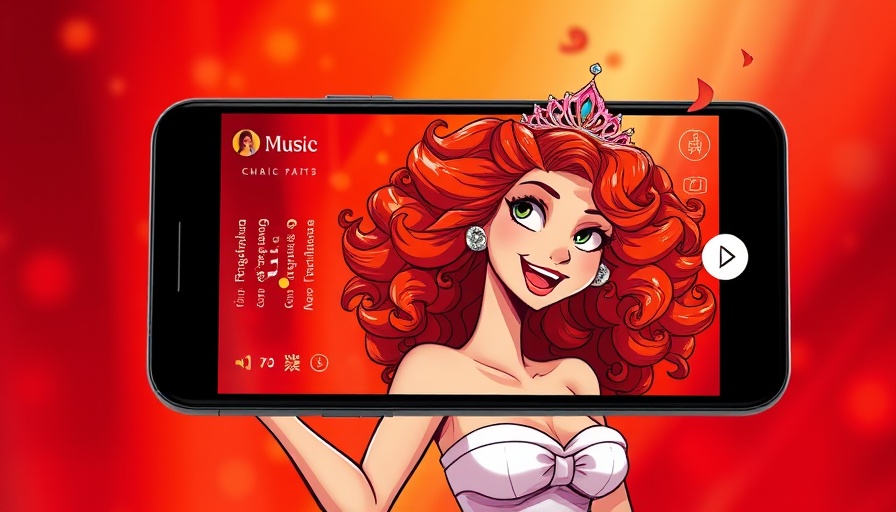 Smartphone with animated music app artwork, vibrant colors.