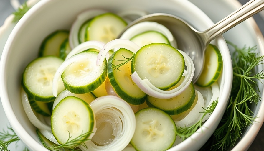 Crisp cucumber onion salad in white bowl with dill garnish.