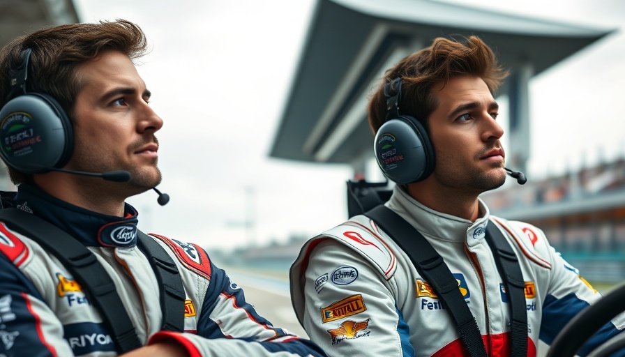 Focused race car drivers at F1 racetrack, natural lighting.