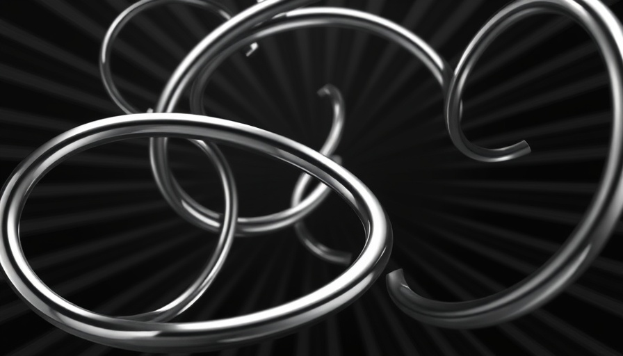 Futuristic abstract design with metallic loops and dark background.