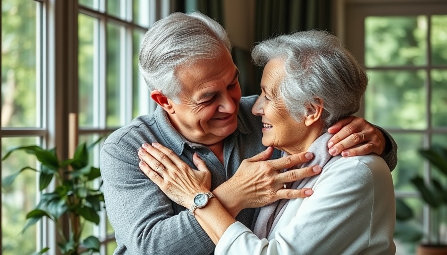 Elderly couple embracing at home, highlighting grandparenting challenges.