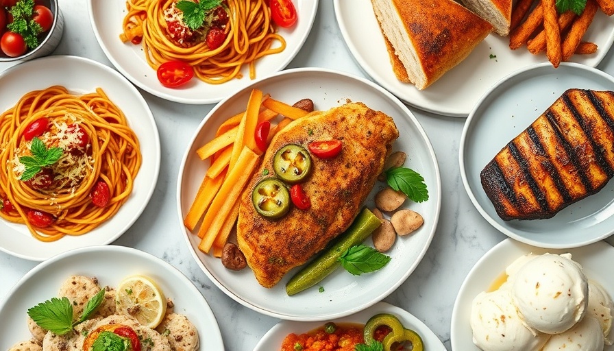 Colorful weekly meal plan collage with various dishes.