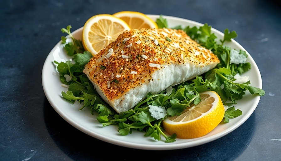 Easy lemon baked cod dish with arugula on plate.