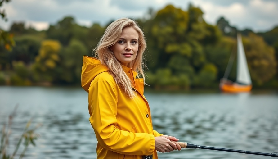 Pinterest Emma Chamberlain coffee product collaboration image with a woman in yellow raincoat by a lake.