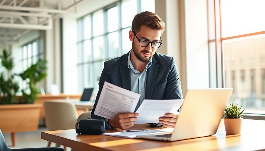 Entrepreneur utilizing smart outsourcing strategies with documents and laptop.