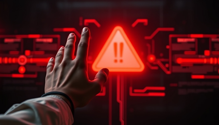 Red AI warning symbol highlighted against dark background, representing hidden dangers of using generative AI.
