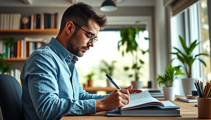 Micro Move Mindset: Man writing notes in a well-lit home office.