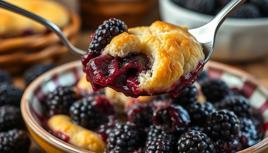 Blackberry cobbler with golden topping and spoon serving.